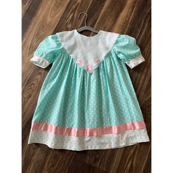 Vintage Polka Dot Dress Aqua Pink Lace Trimmed Collar Party Dress Girl‎ Size 6x - Picture 1 of 4